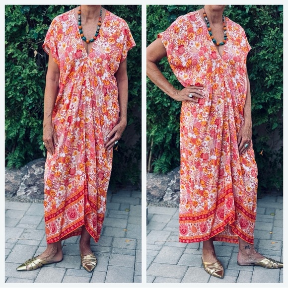 Bali Queen Other - BALI QUEEN Floral Pink Orange Kaftan OS